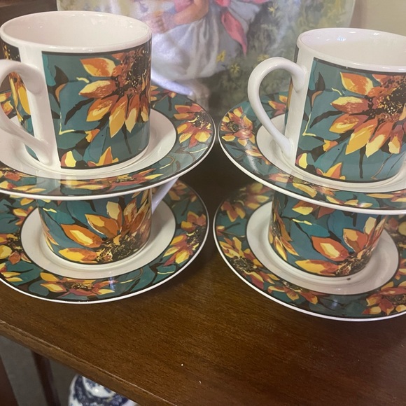 Vitromaster Sunflower 4 Set of Cups and Saucers Vintage 90s Sue Zipkin - Picture 3 of 5
